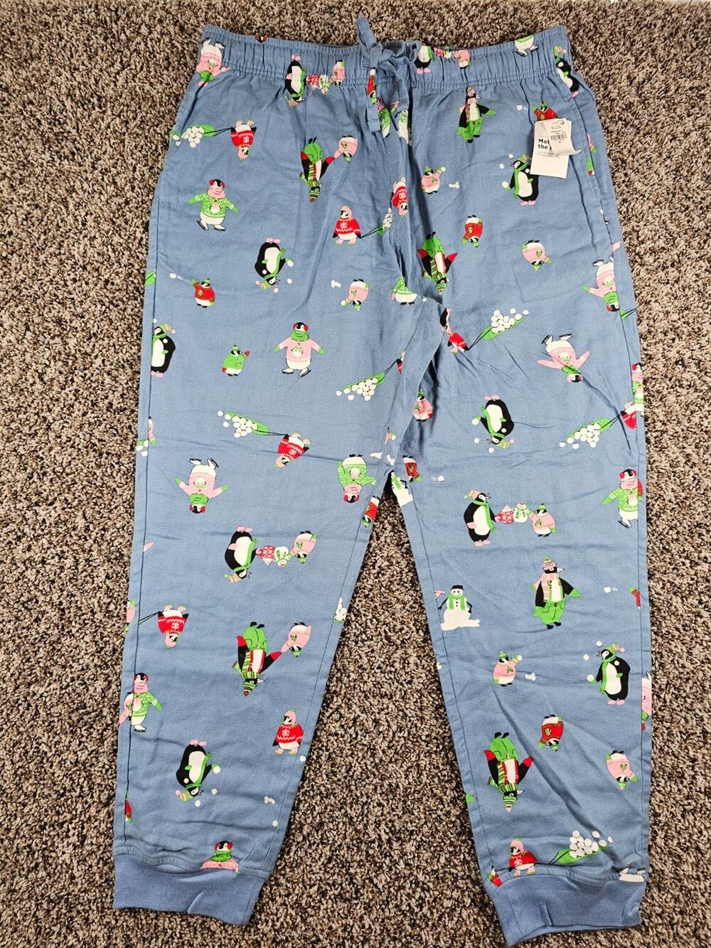 Old Navy Mens Sz XL Jogger Style Pajama Pants Blue Penguin Print Winter NEW